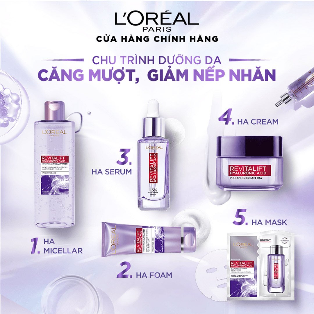 Combo L'Oreal Serum Hyaluronic Acid Cấp Ẩm Sáng Da 30ml + Serum HA Mini 7.5ml + Kem Dưỡng Ngày HA Mini 15ml