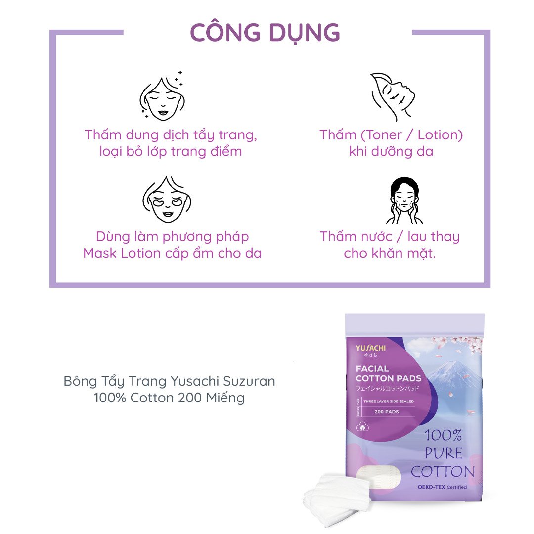 Bông Tẩy Trang Yusachi Suzuran 100% Cotton 200 Miếng