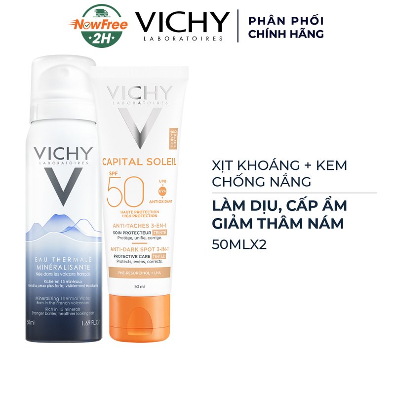 Combo Vichy Kem Chống Nắng Ngừa Thâm Nám (Màu Da) 50ml + Xịt Khoáng Cấp Ẩm 50ml