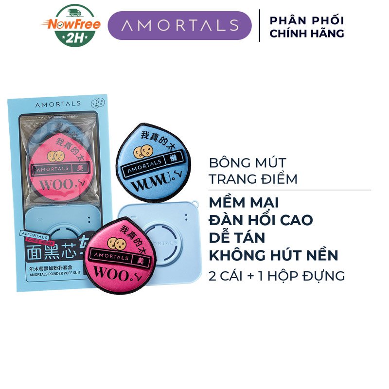 Bộ 2 Bông Mút Trang Điểm Amortals Đen Size XL Tặng Hộp Đựng