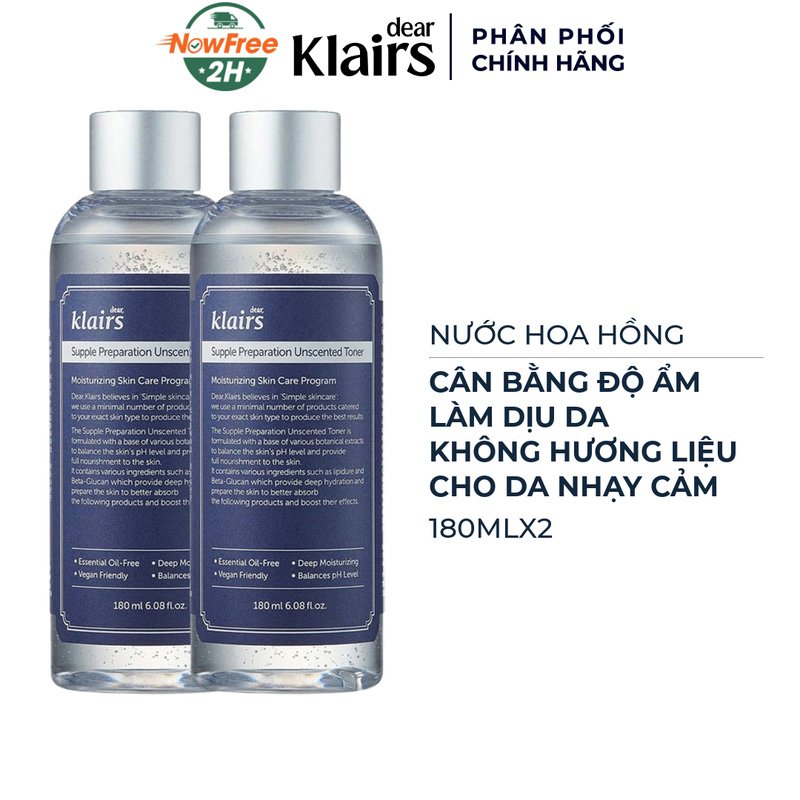 Combo 2 Nước Hoa Hồng Klairs Không Mùi Cho Da Nhạy Cảm 180ml