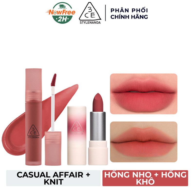 Combo 3CE Son Kem Lì Casual Affair - Hồng Nho 4.6g + Son Thỏi 07 Knit - Hồng Khô 1.5g