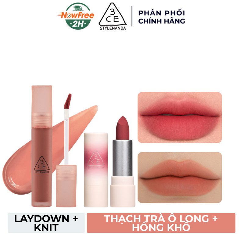 Combo 3CE Son Kem Lì Laydown - Thạch Trà Ô Long 4.6g + Son Thỏi 07 Knit - Hồng Khô 1.5g