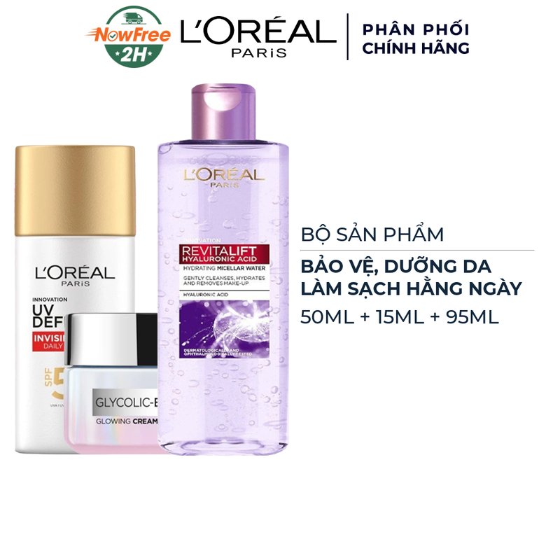 Combo L'Oreal Kem Chống Nắng X20 Mỏng Nhẹ 50ml + Kem Dưỡng Sáng Da Mờ Thâm Ban Ngày 15ml + Nước Tẩy Trang Căng Mịn Da 95ml