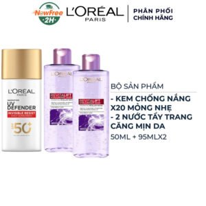 Combo L'Oreal Kem Chống Nắng X20 Thoáng Da Mỏng Nhẹ 50ml + 2 Nước Tẩy Trang Căng Mịn Da 95ml