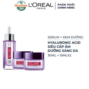 Combo L'Oreal Serum Hyaluronic Acid Cấp Ẩm Sáng Da 30ml + 2 Kem Dưỡng Siêu Cấp Ẩm Căng Mịn Da 15ml