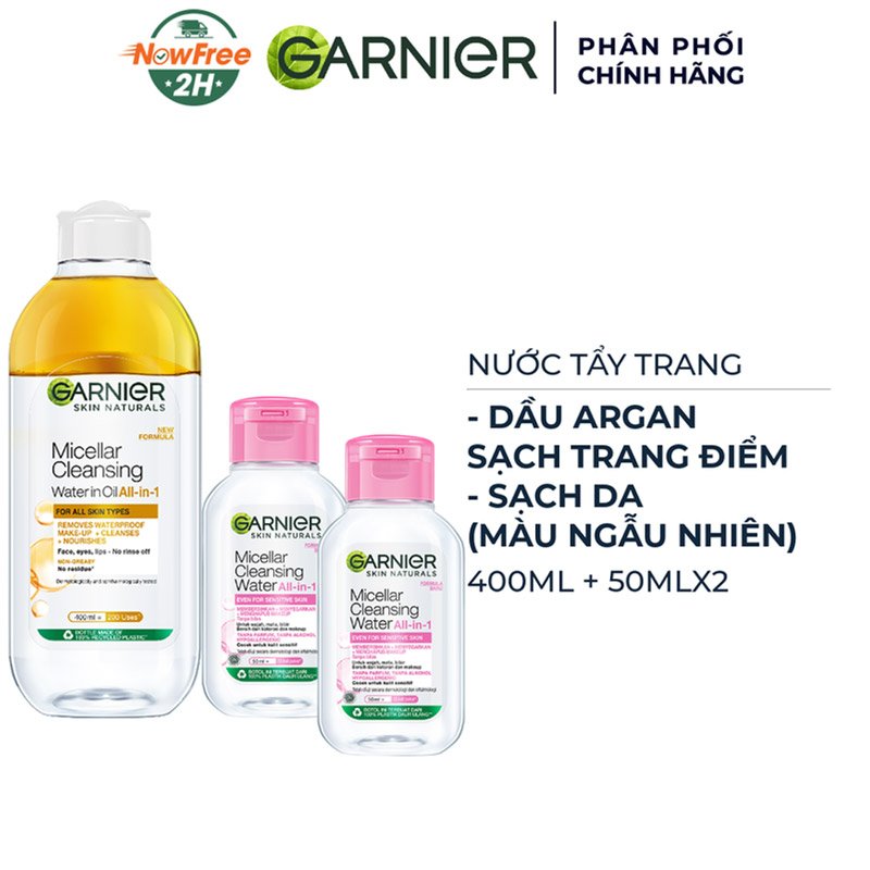 Combo Nước Tẩy Trang Garnier Sạch Sâu Trang Điểm 400ml + 2 Nước Tẩy Trang 50ml (Màu Ngẫu Nhiên)