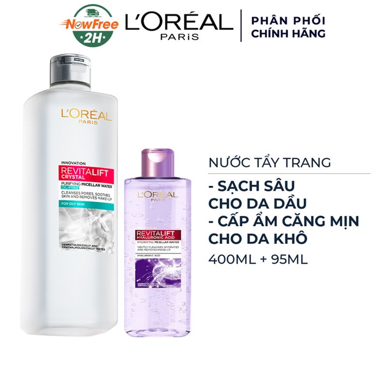 Combo Nước Tẩy Trang L'Oreal Làm Sạch Cho Da Dầu 400ml + Căng Mịn Da 95ml