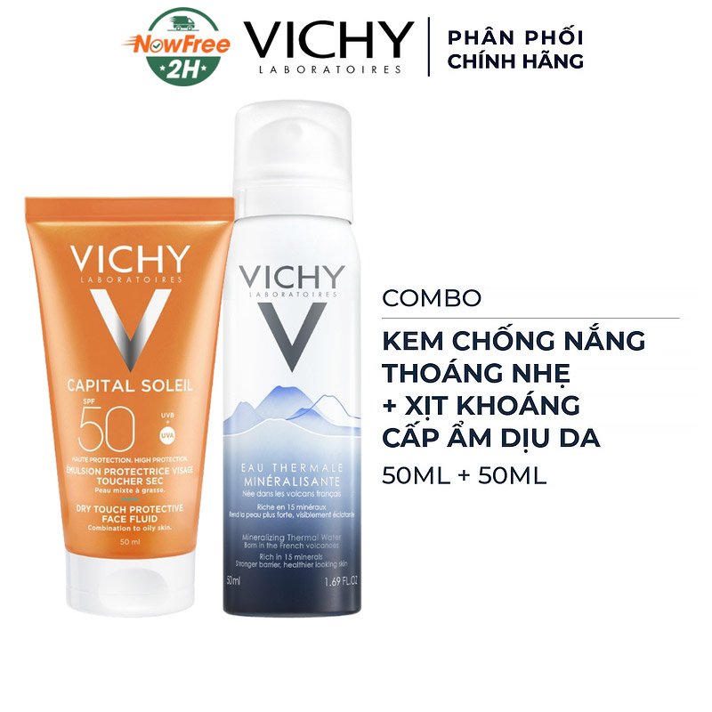 Combo Vichy Kem Chống Nắng Thoáng Nhẹ Không Bóng Dầu 50ml + Xịt Khoáng Cấp Ẩm 50ml