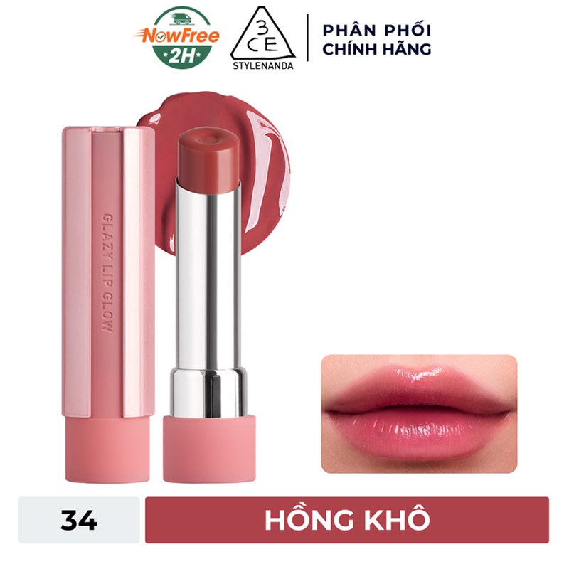 Son Bóng 3CE Dưỡng Ẩm 34 Rose Glaze - Hồng Khô 5g