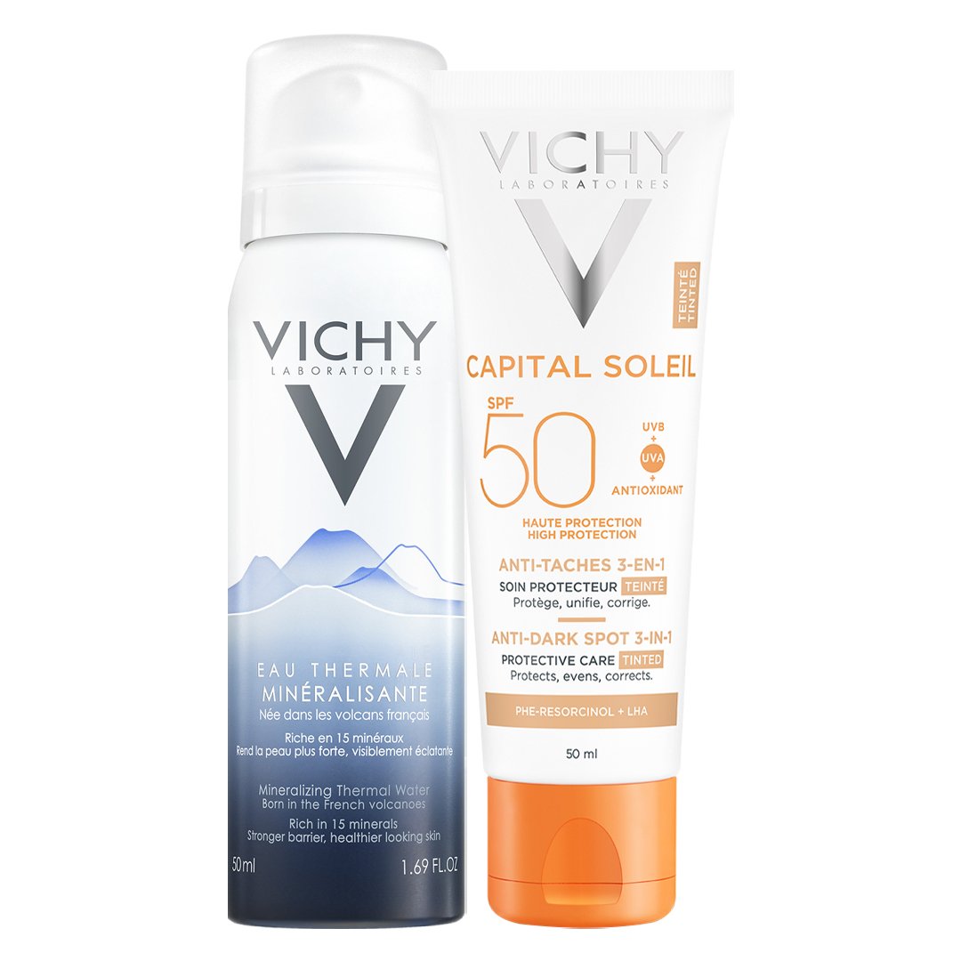 Combo Vichy Kem Chống Nắng Ngừa Thâm Nám (Màu Da) 50ml + Xịt Khoáng Cấp Ẩm 50ml