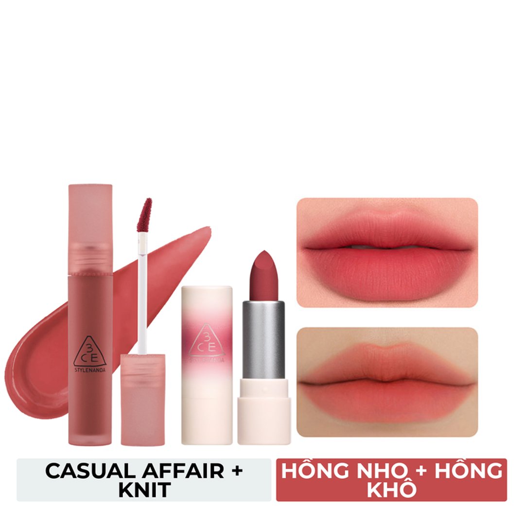 Combo 3CE Son Kem Lì Casual Affair - Hồng Nho 4.6g + Son Thỏi 07 Knit - Hồng Khô 1.5g
