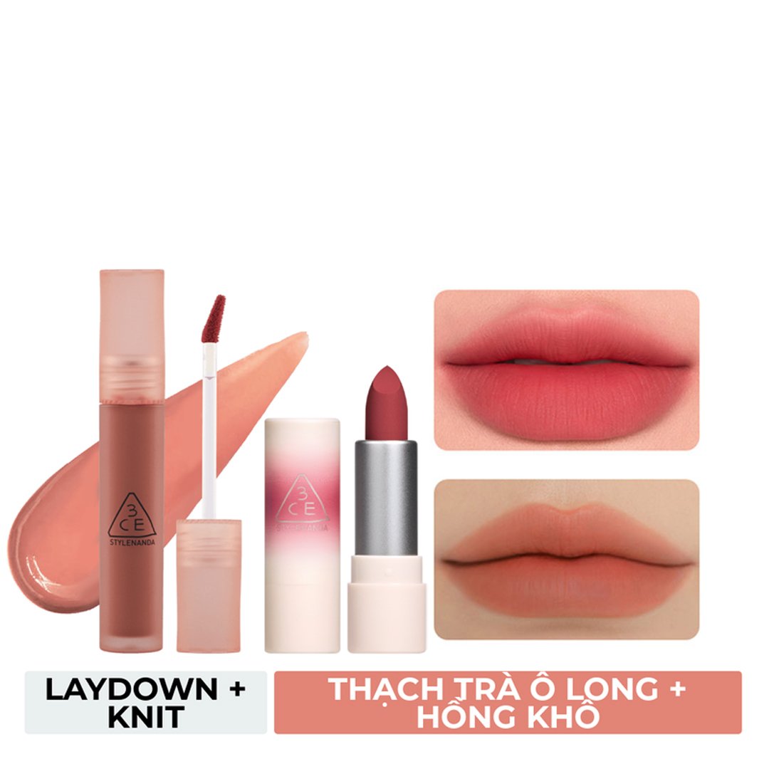 Combo 3CE Son Kem Lì Laydown - Thạch Trà Ô Long 4.6g + Son Thỏi 07 Knit - Hồng Khô 1.5g