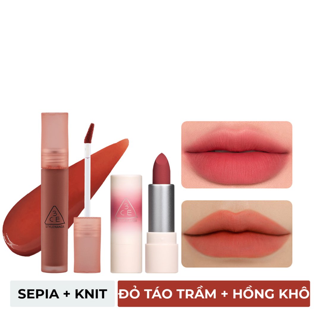Combo 3CE Son Kem Lì Sepia - Đỏ Táo Trầm 4.6g + Son Thỏi 07 Knit - Hồng Khô 1.5g