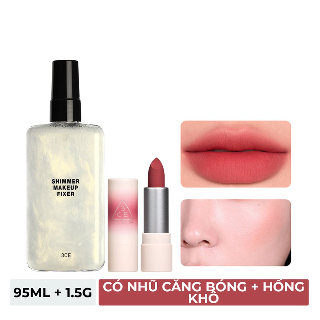 Combo 3CE Xịt Khoá Makeup Có Nhũ 95ml + Son Thỏi 07 Knit - Hồng Khô 1.5g