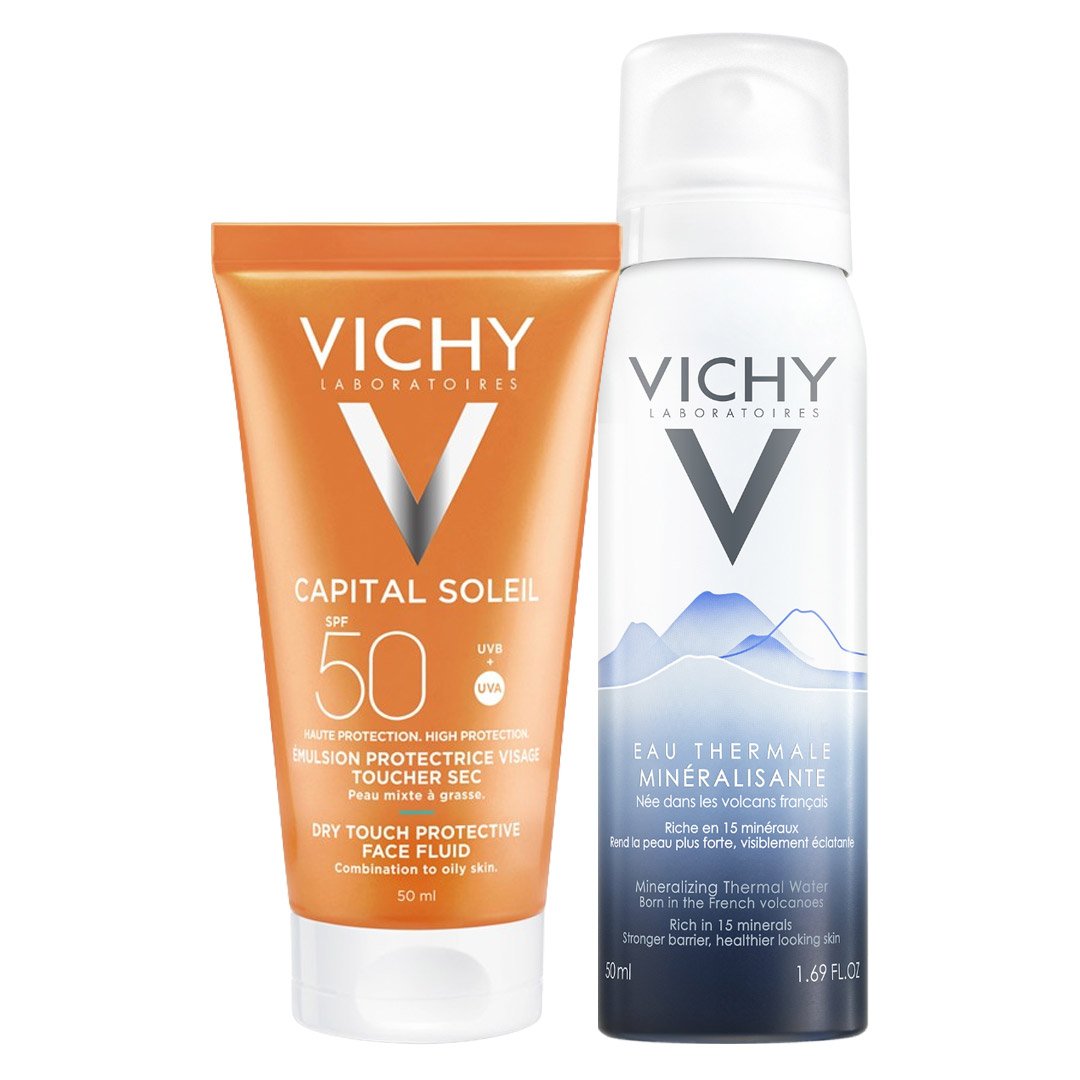 Combo Vichy Kem Chống Nắng Thoáng Nhẹ Không Bóng Dầu 50ml + Xịt Khoáng Cấp Ẩm 50ml