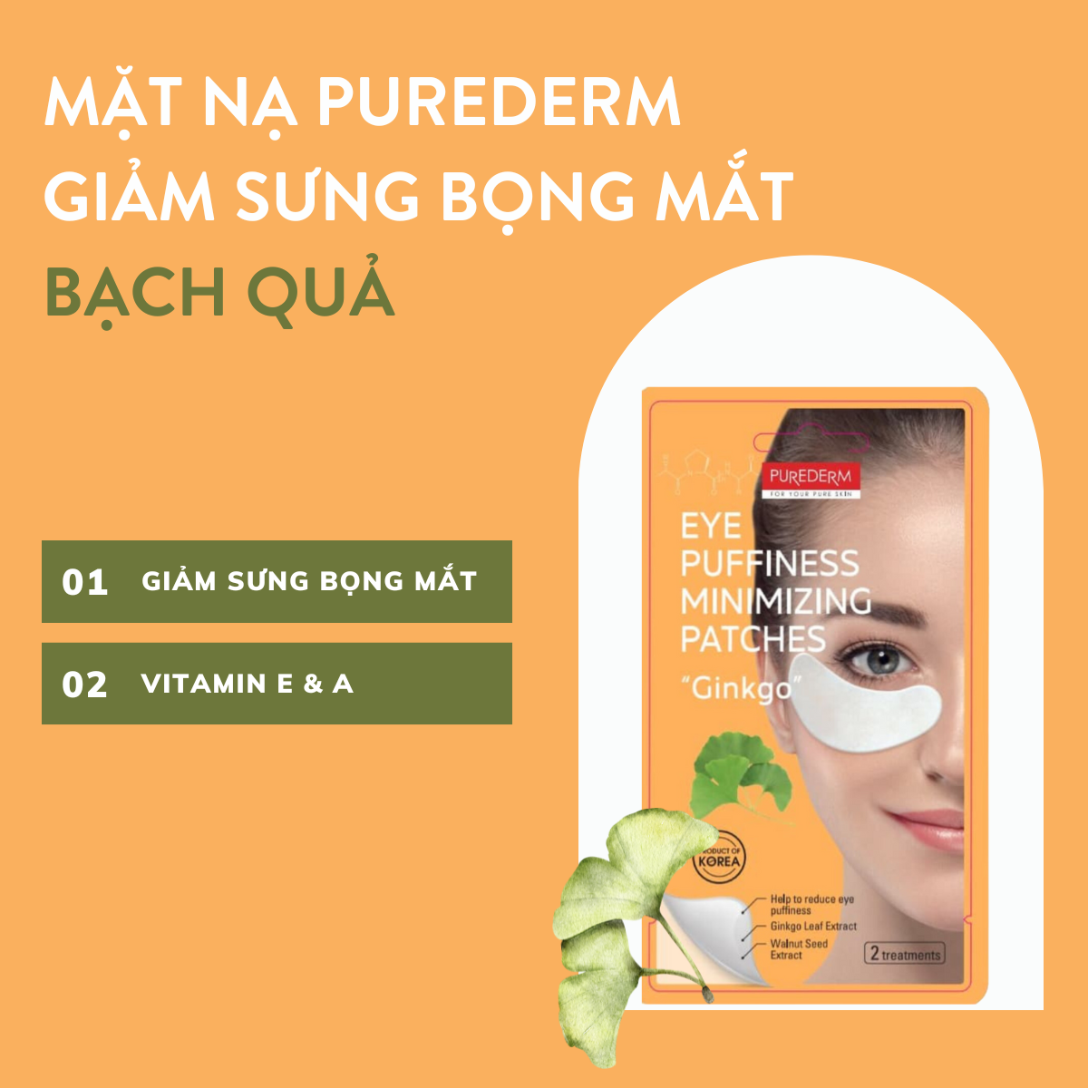 Mặt Nạ Mắt Purederm Chiết Xuất Bạch Quả Giảm Sưng Bọng Mắt
