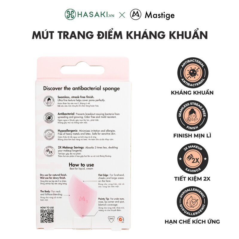 Mút Tán Nền Trang Điểm Mastige Kháng Khuẩn Màu Hồng Nhạt