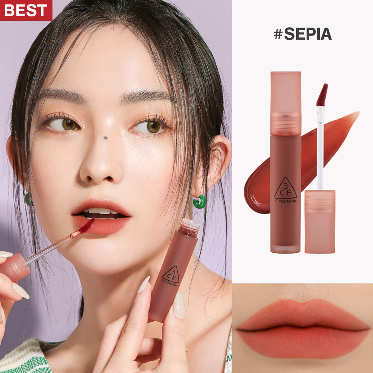 Combo 3CE Son Kem Lì Sepia - Đỏ Táo Trầm 4.6g + Son Thỏi 07 Knit - Hồng Khô 1.5g
