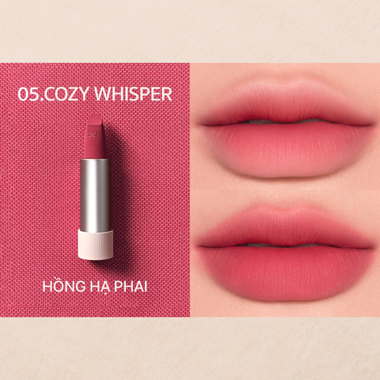 Son Thỏi 3CE Mềm Môi 05 Cozy Whisper - Hồng Hạ Phai 3.5g