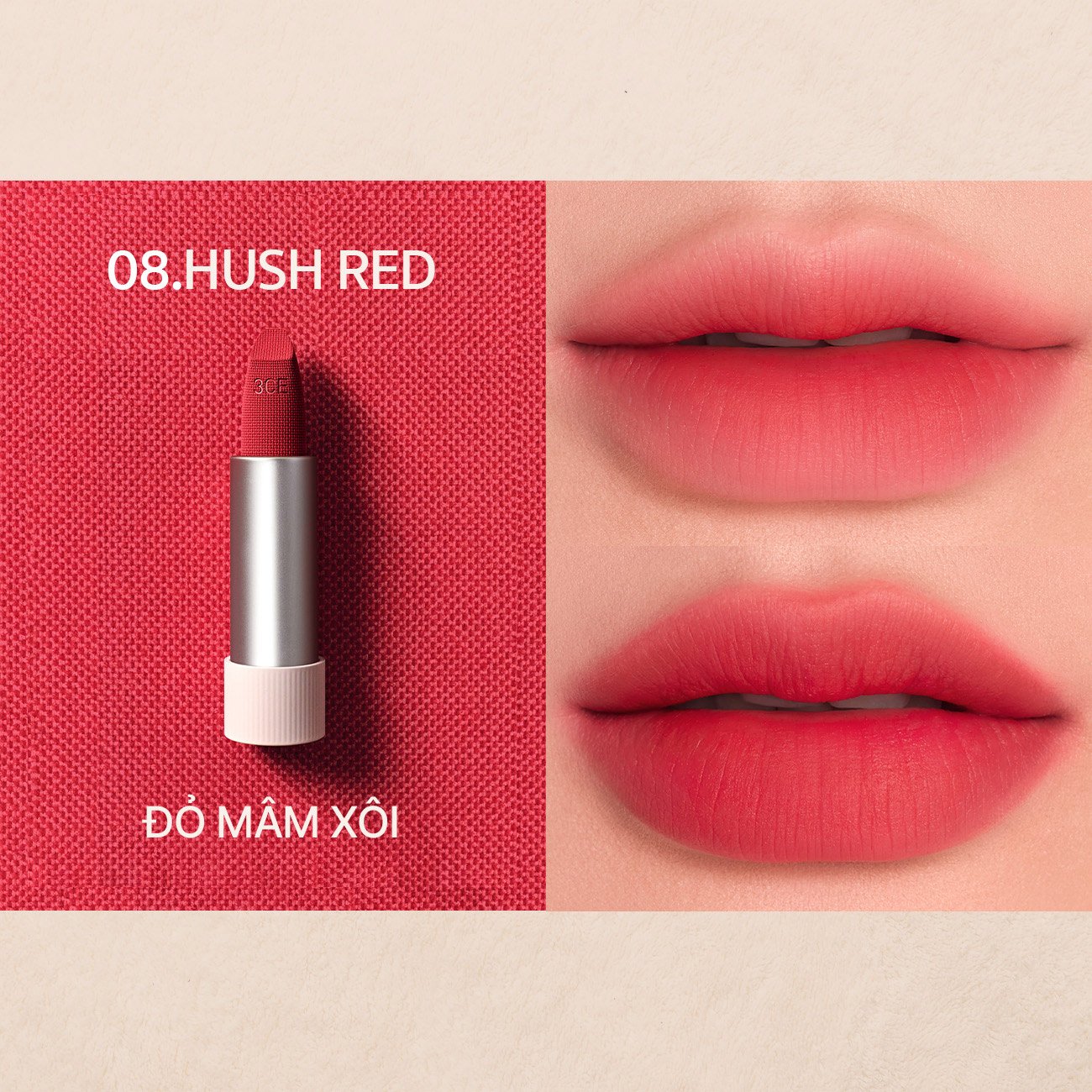 Son Thỏi 3CE Mềm Môi 08 Hush Red - Đỏ Mâm Xôi 3.5g