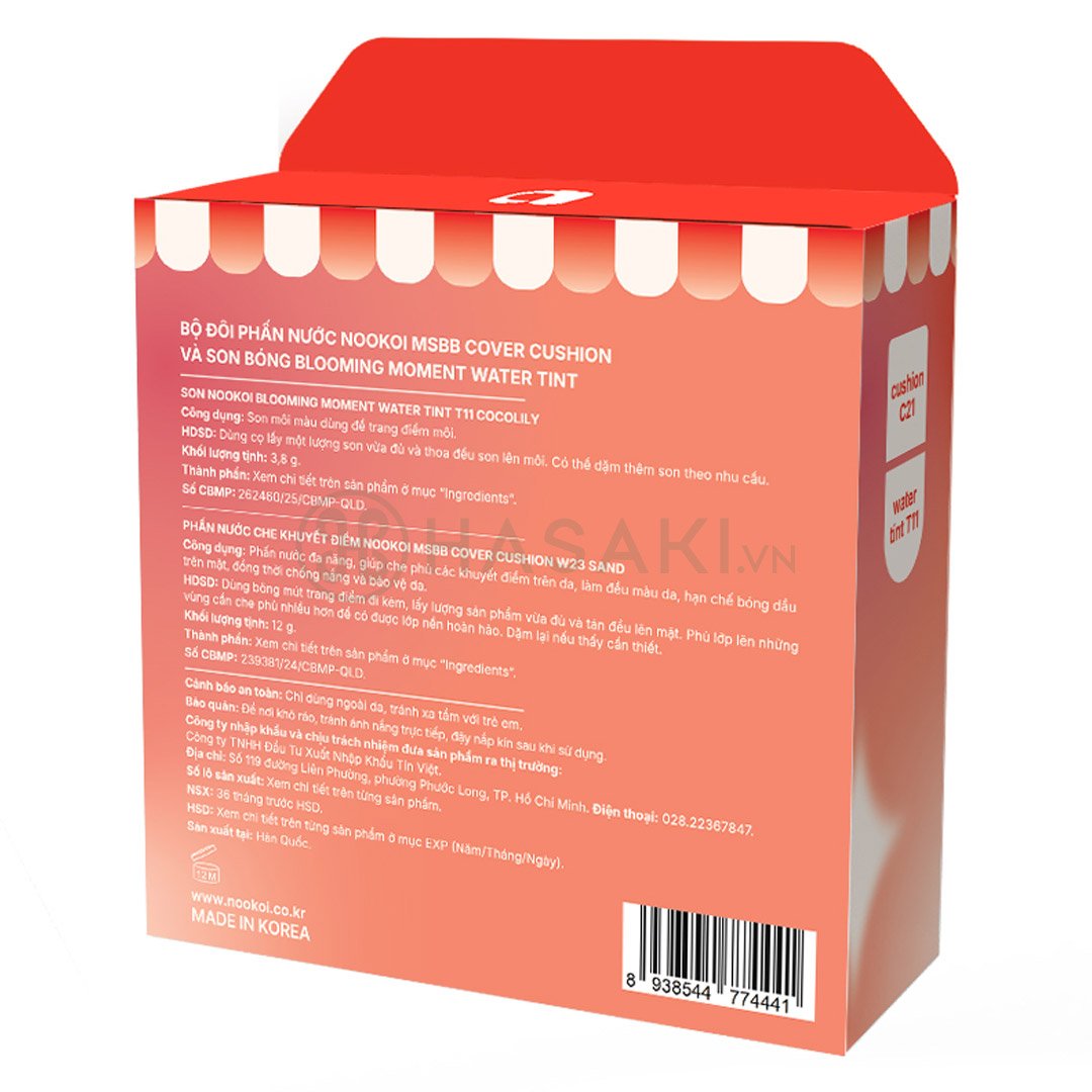 Bộ Nookoi Phấn Nước C21 Beige Tông Da Lạnh 12g + Son Tint T11 Cam Đất 3.8g
