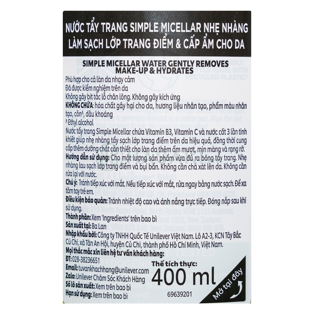 Combo 2 Nước Tẩy Trang Simple Làm Sạch Trang Điểm Vượt Trội 400ml