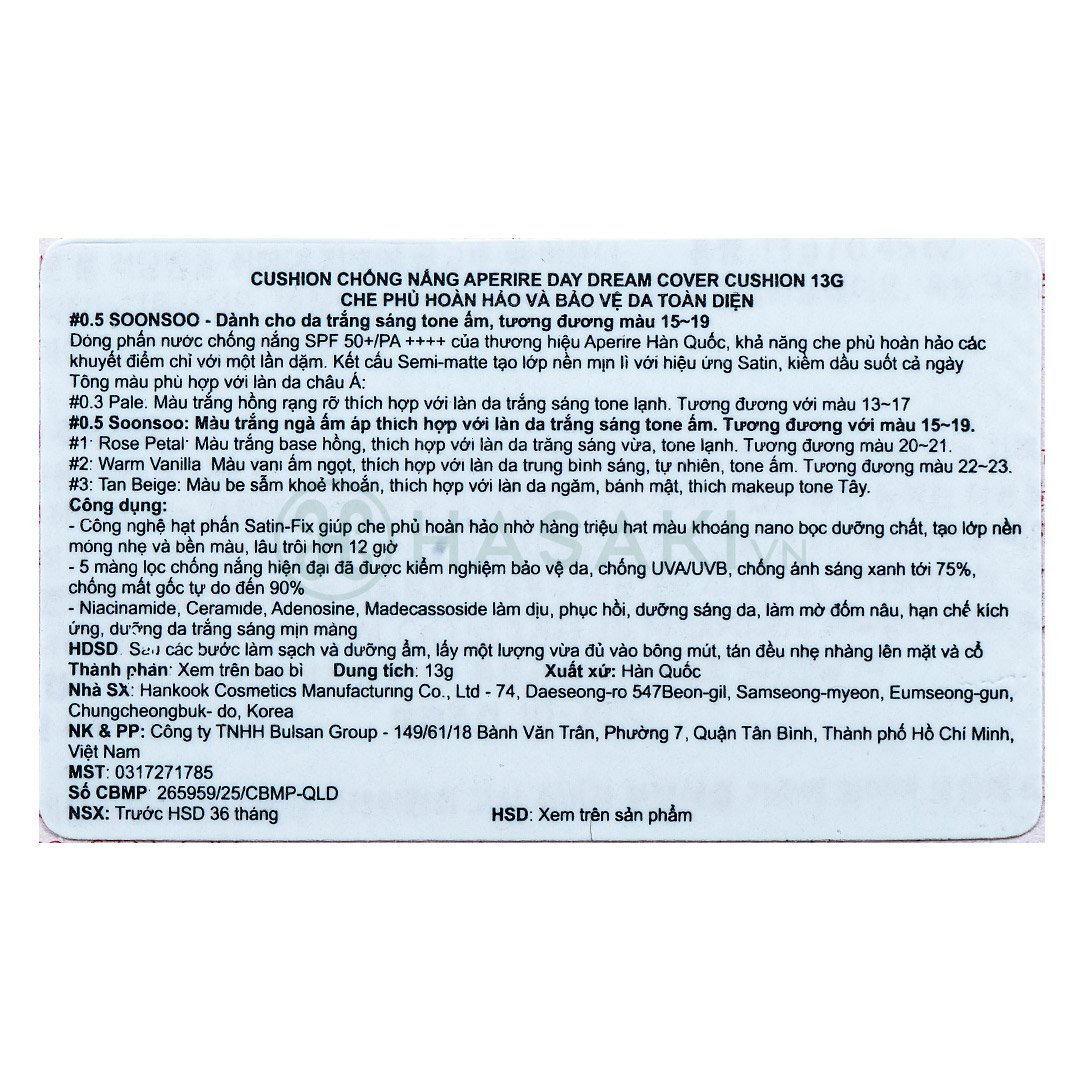 Combo 2 Phấn Nước Aperire Chống Nắng Che Phủ Cao 0.5 Tông Trắng Sáng 13g
