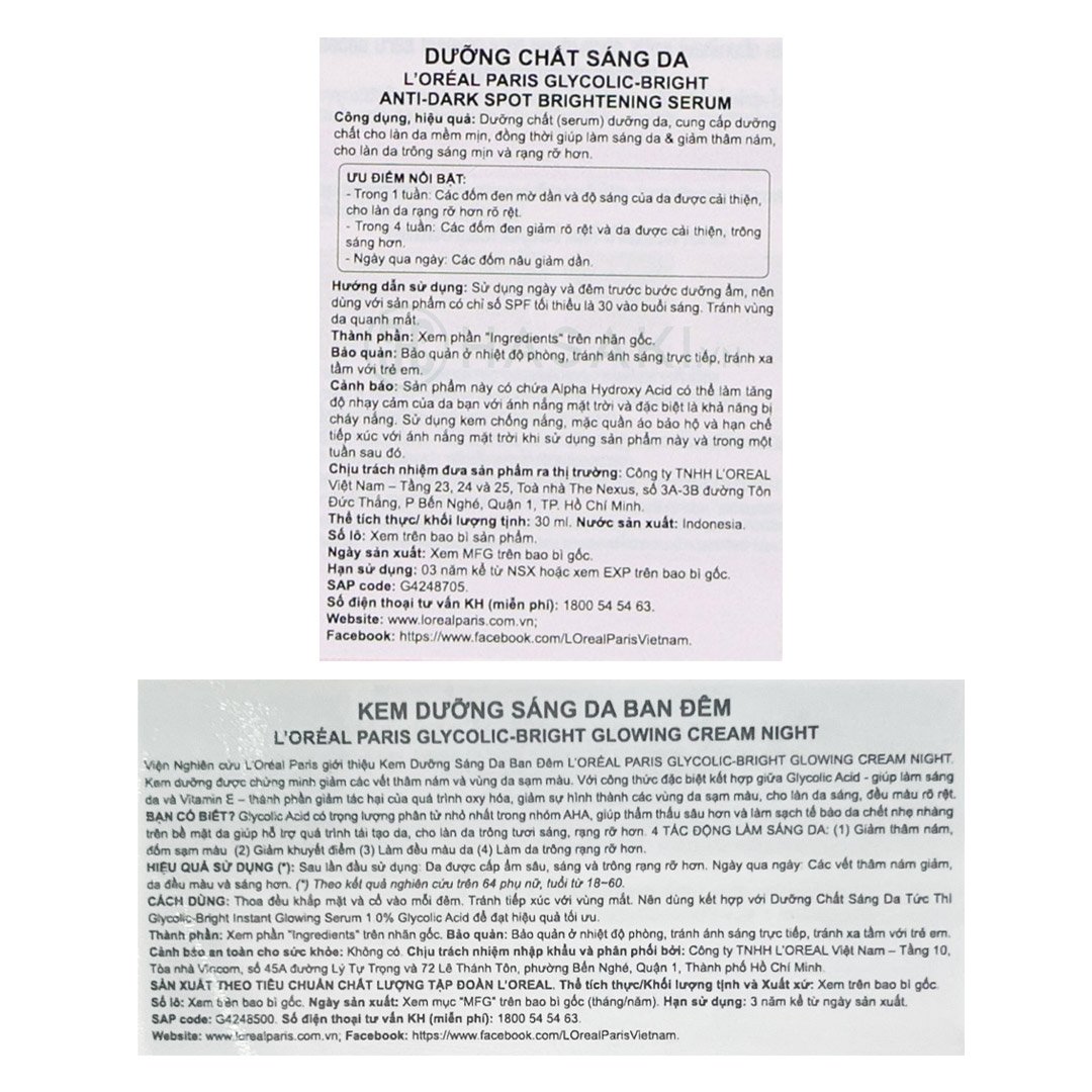 Combo L'Oreal Serum Sáng Da 30ml + Kem Dưỡng Sáng Da Ban Đêm 50ml