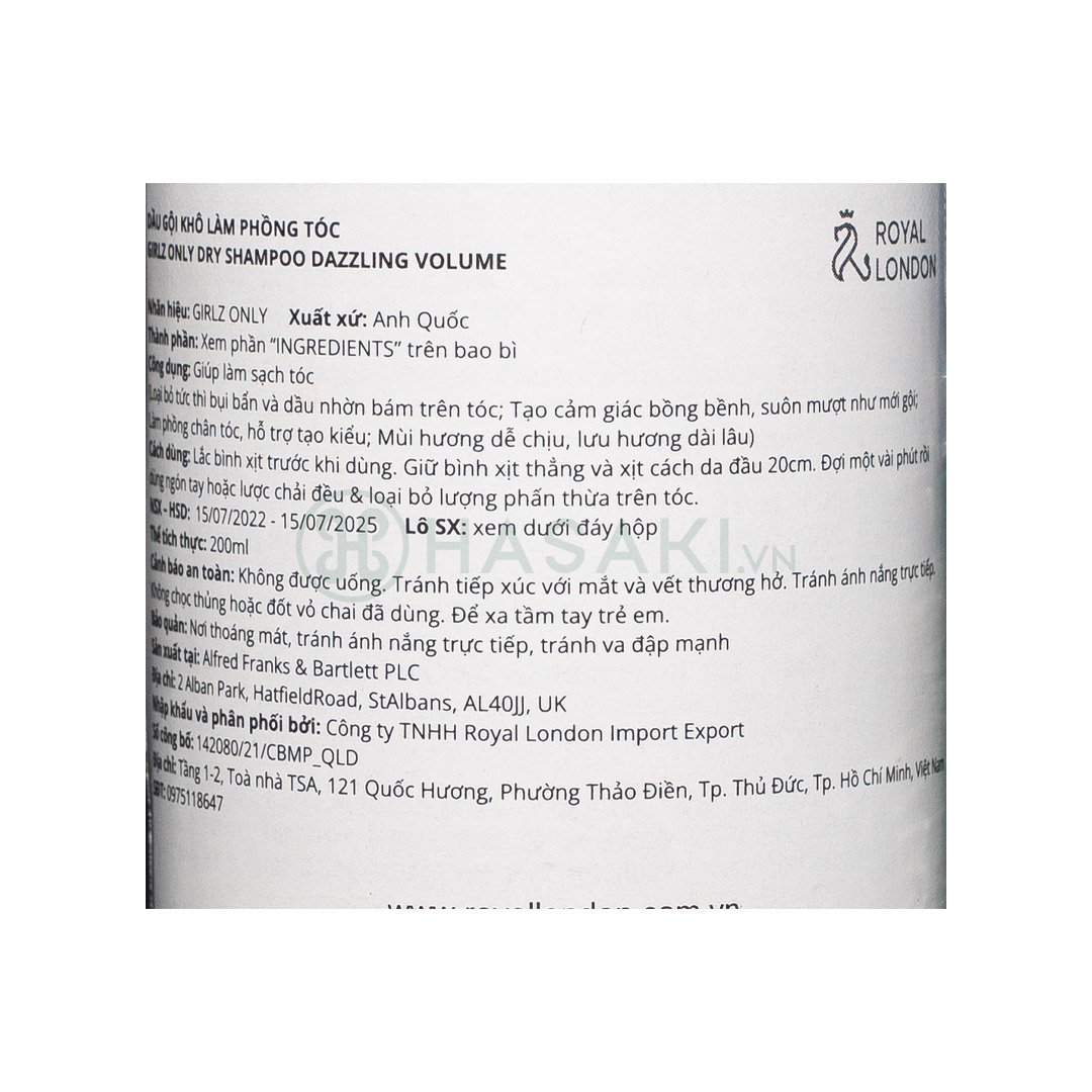 Dầu Gội Khô Girlz Only Tóc Bồng Bềnh Tức Thì 200ml