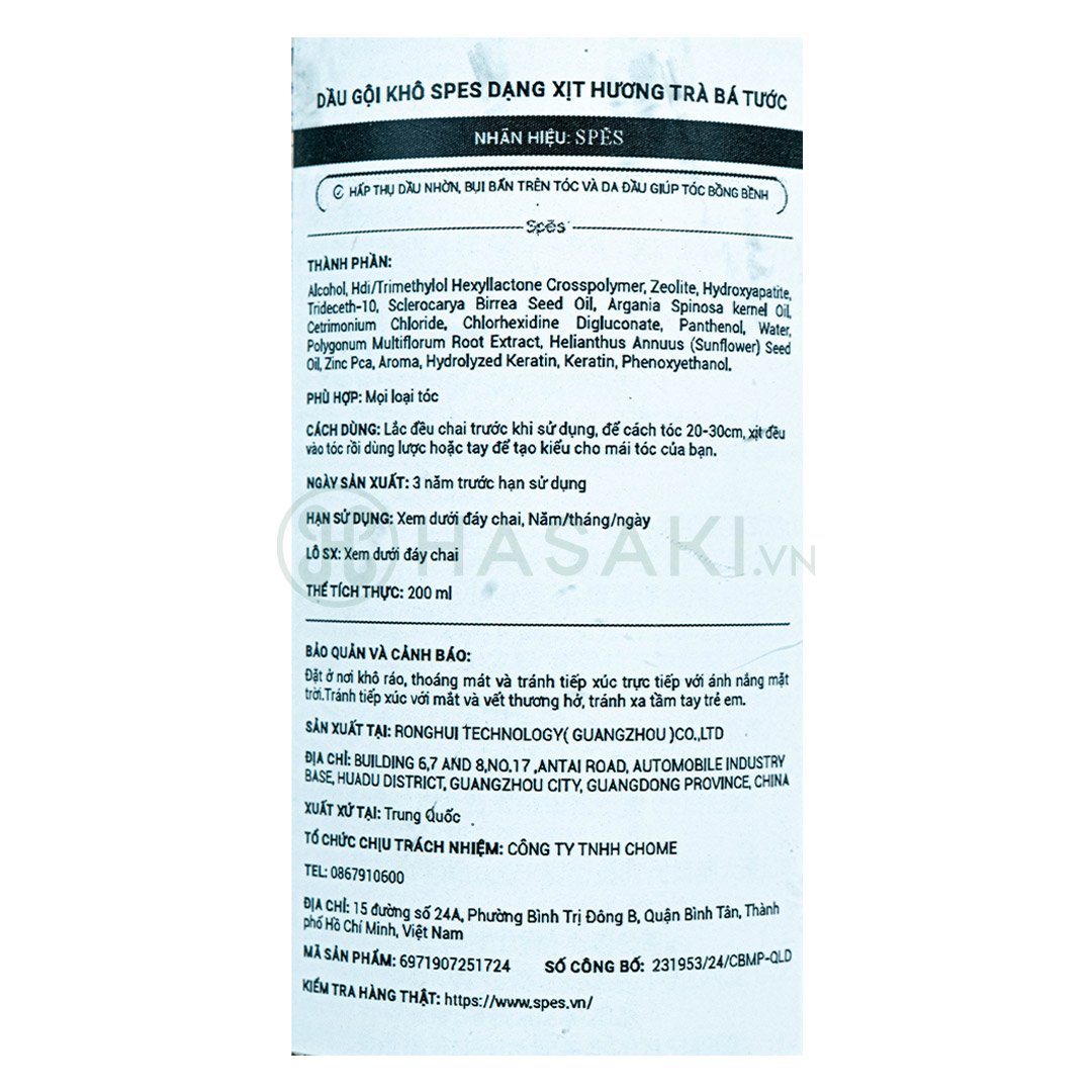 Dầu Gội Khô Spes Dạng Xịt Hương Trà Bá Tước 200ml