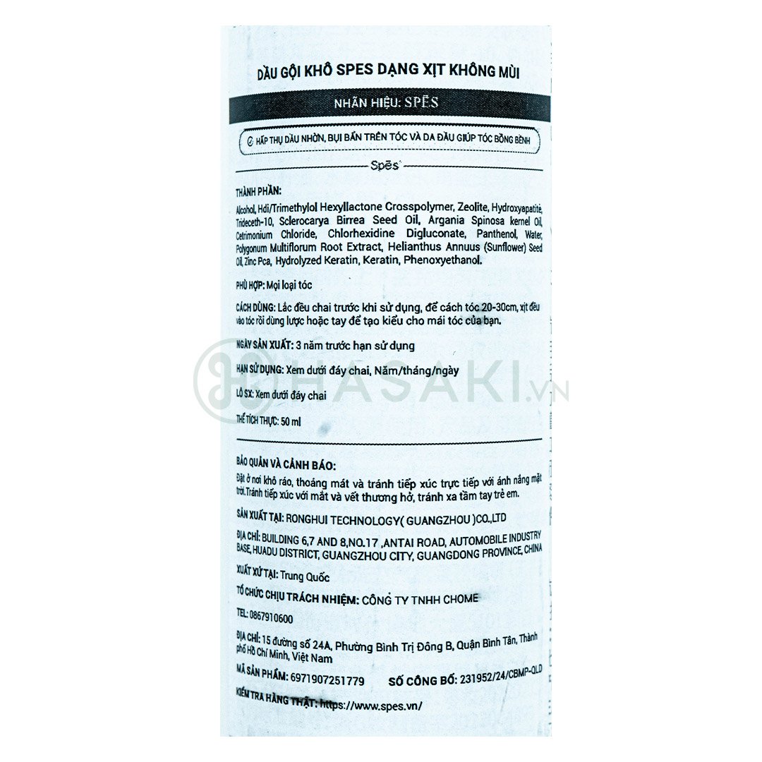 Dầu Gội Khô Spes Dạng Xịt Không Mùi 50ml
