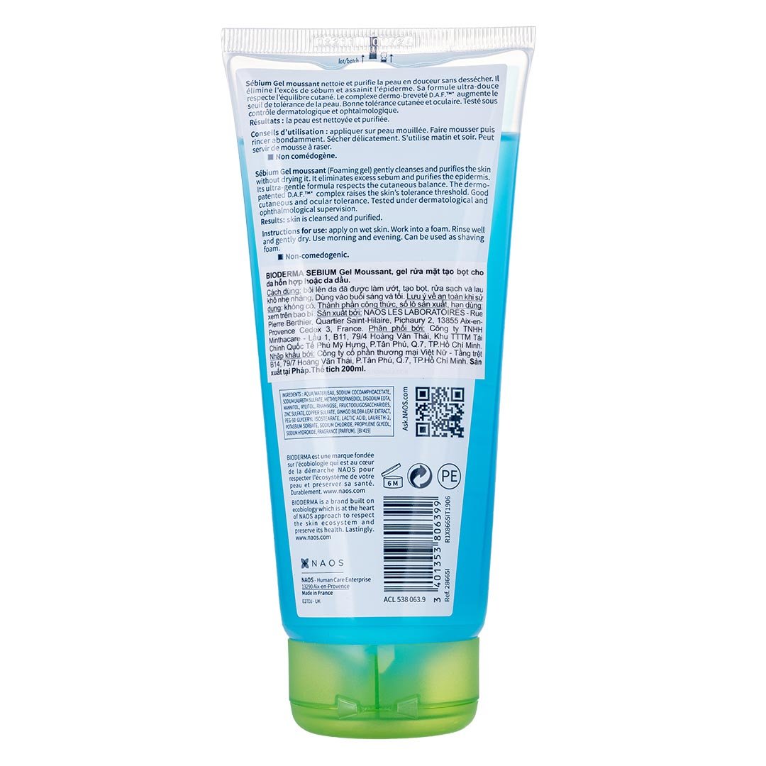 Gel Rửa Mặt Bioderma Dành Cho Da Dầu & Hỗn Hợp 200ml (Tuýp)