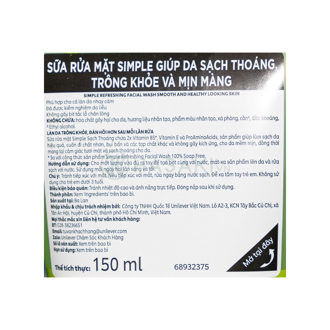 Sữa Rửa Mặt Simple Giúp Da Sạch Thoáng 150ml