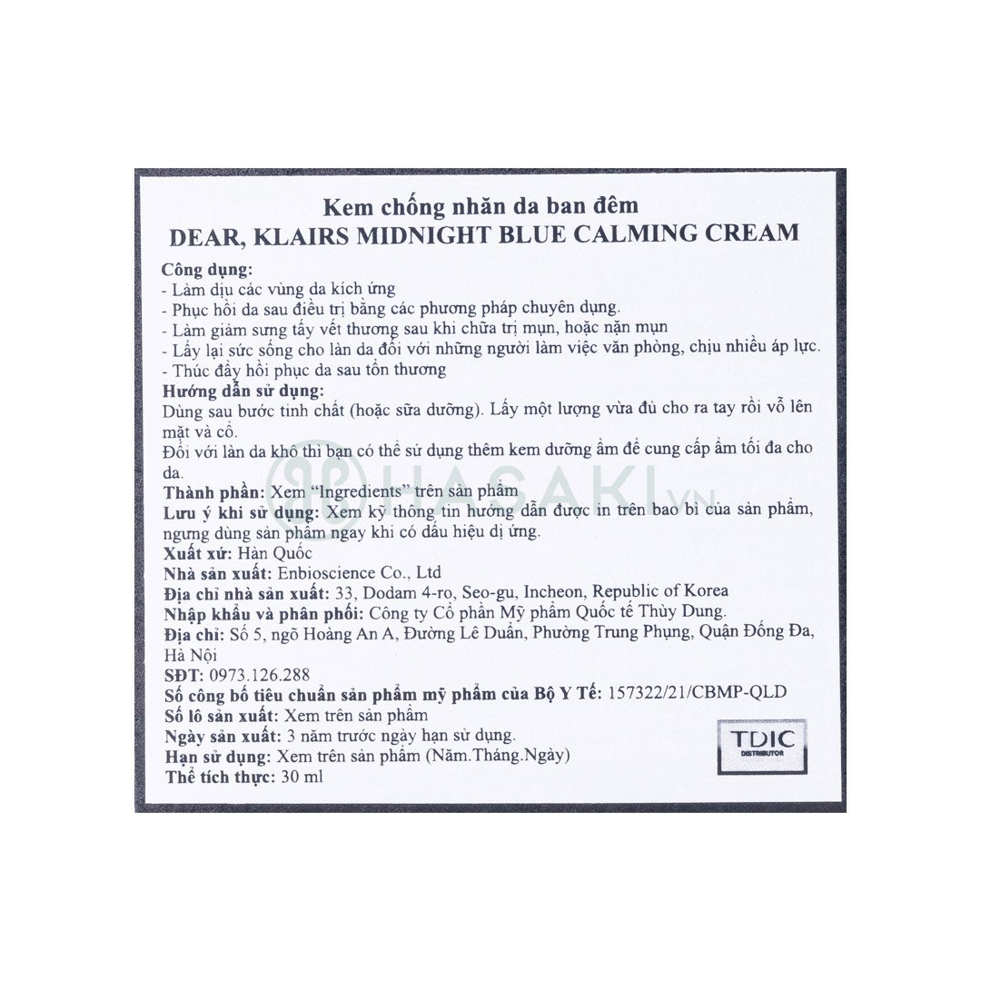 Kem Dưỡng Ẩm Klairs Làm Dịu & Phục Hồi Da Ban Đêm 30ml