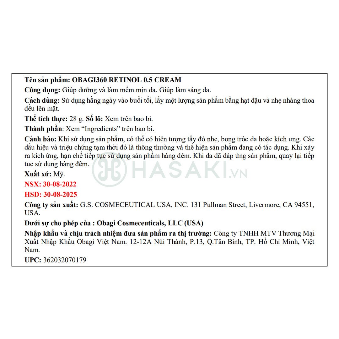 Kem Dưỡng Obagi Retinol 0.5% Trẻ Hóa Da, Ngừa Mụn 28g
