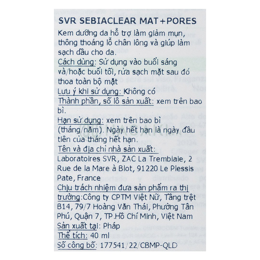 Kem Dưỡng SVR Kiềm Dầu, Se Khít Lỗ Chân Lông 40ml (Mới)