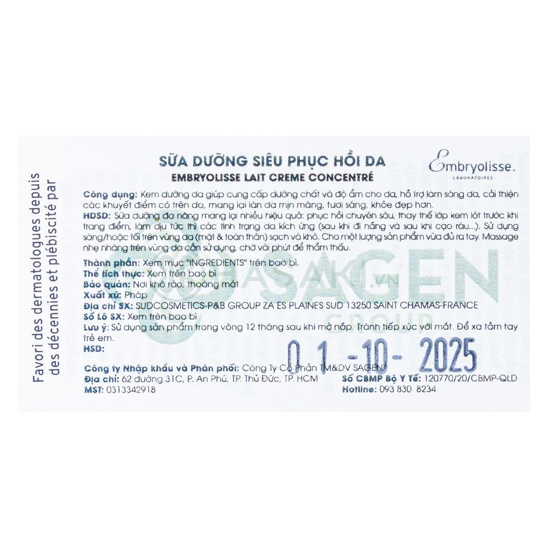 Sữa Dưỡng Ẩm Embryolisse Siêu Phục Hồi Da 30ml
