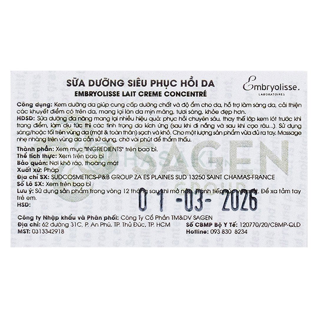 Sữa Dưỡng Ẩm Embryolisse Siêu Phục Hồi Da 75ml
