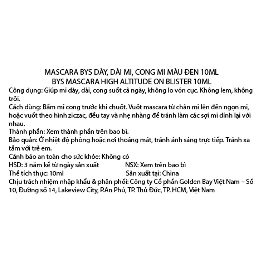 Mascara BYS Làm Dày, Dài, Cong Mi Màu Đen 10ml