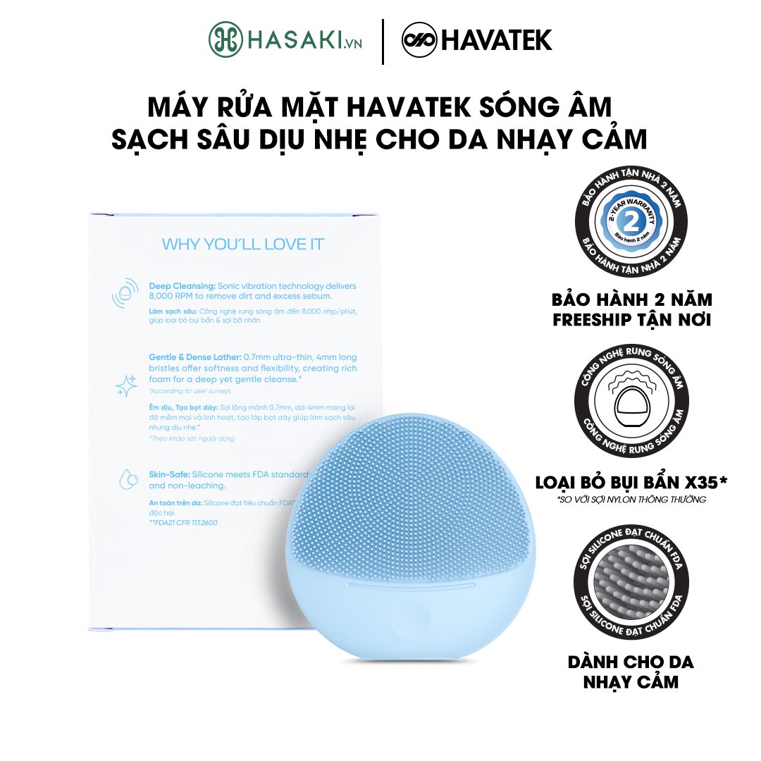 Máy Rửa Mặt Havatek Sóng Âm Cho Da Nhạy Cảm Màu Xanh Dương