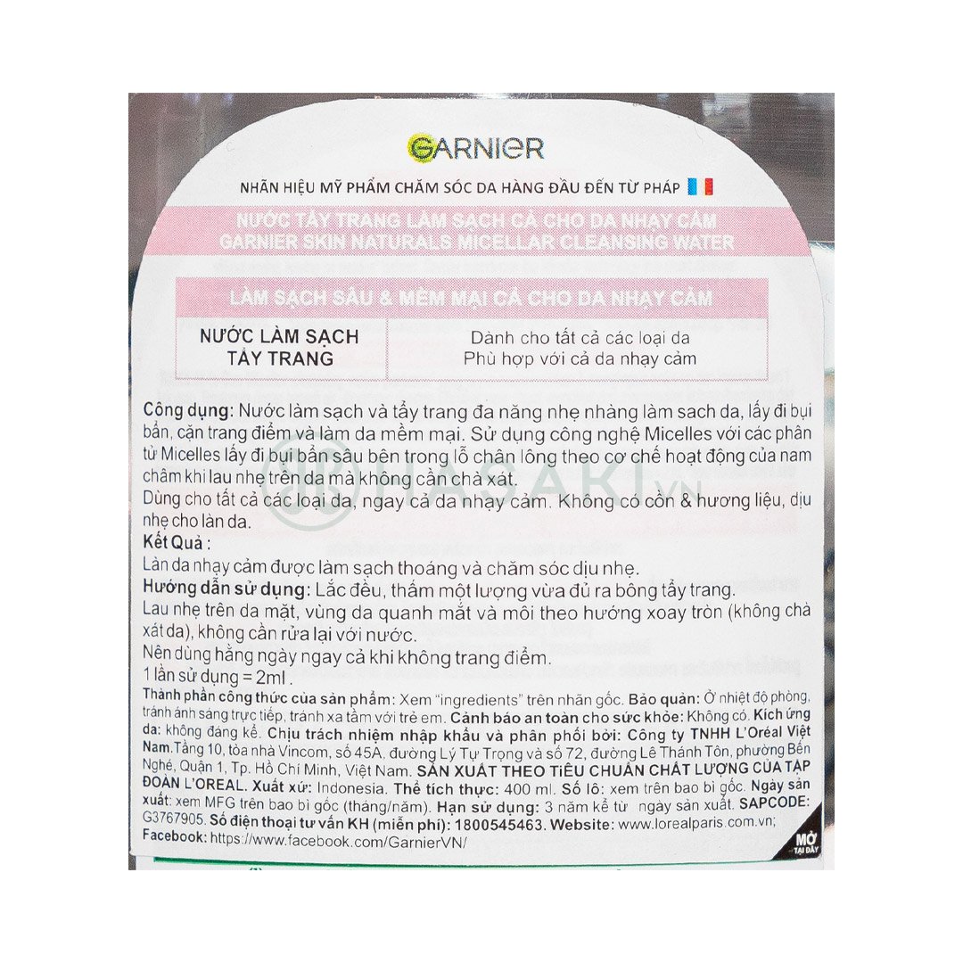 Nước Tẩy Trang Garnier Dành Cho Da Nhạy Cảm 400ml