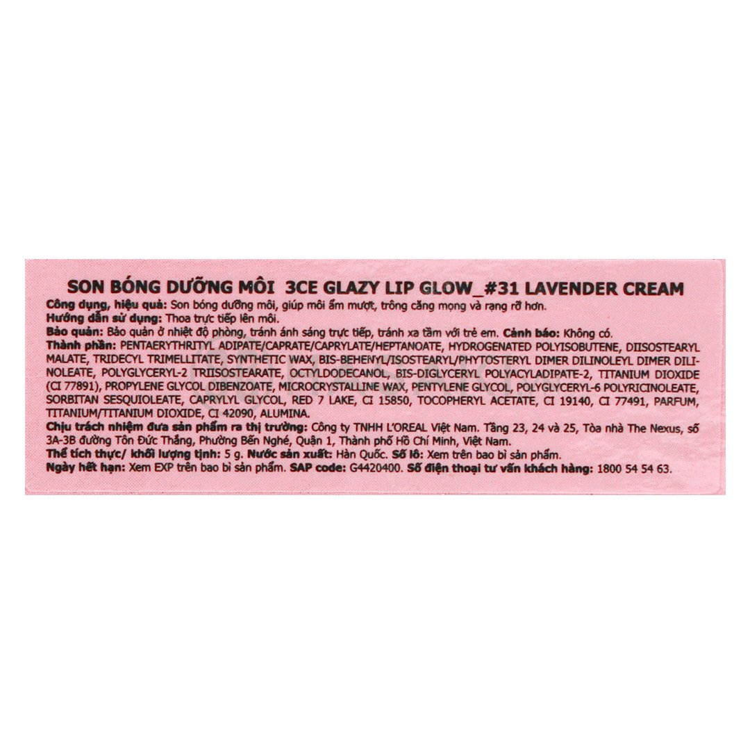 Son Bóng 3CE Dưỡng Ẩm 31 Lavender Cream - Hoa Hồng Tím 5g