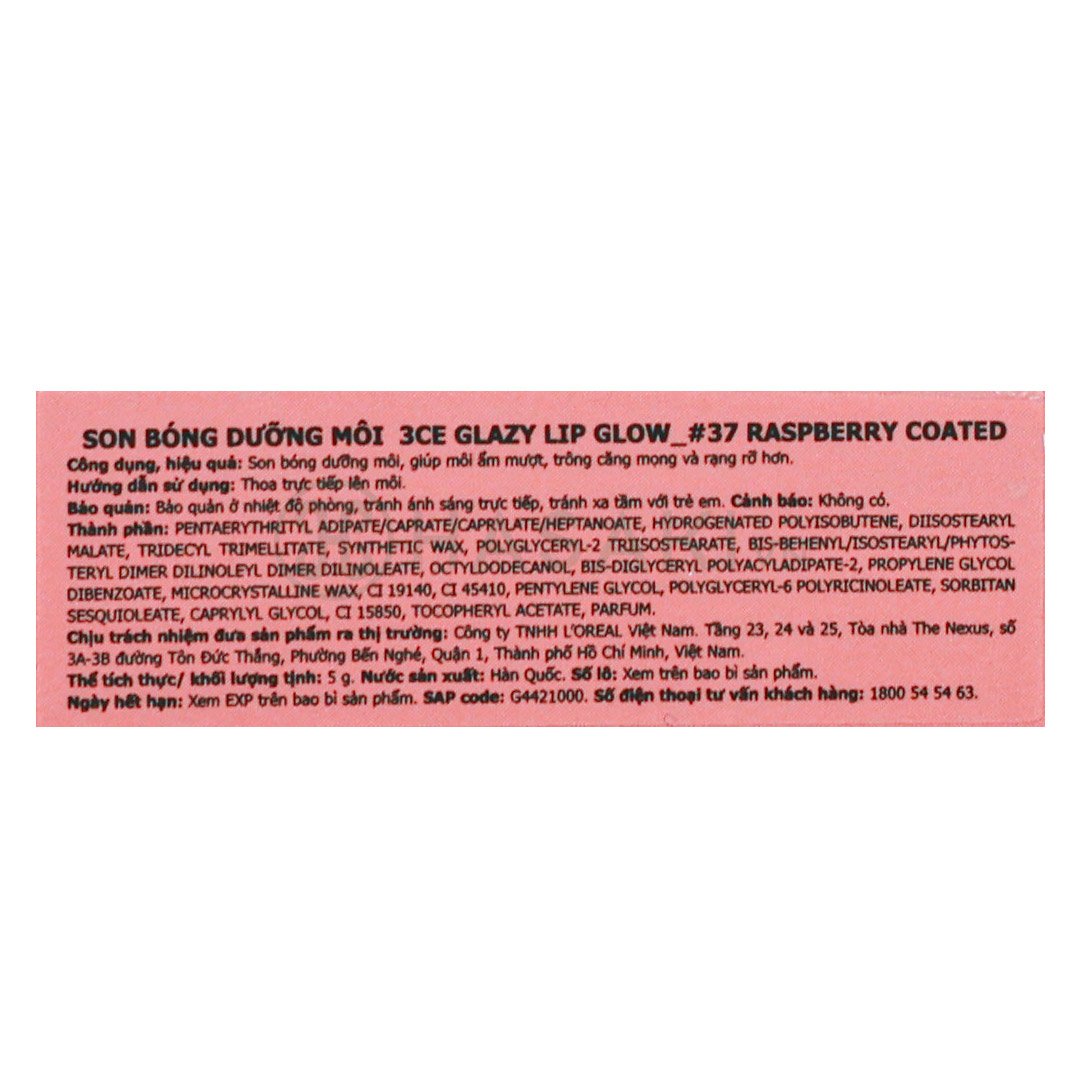 Son Bóng 3CE Dưỡng Ẩm 37 Raspberry Coated - Đỏ Mâm Xôi 5g