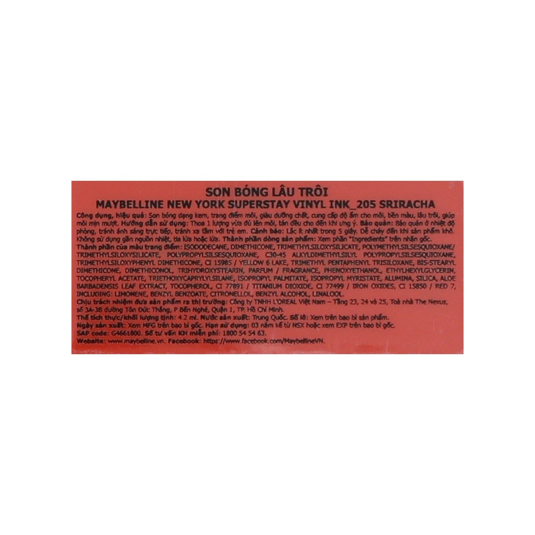 Son Bóng Maybelline 205 Sriracha - Đỏ Cherry 4.2ml