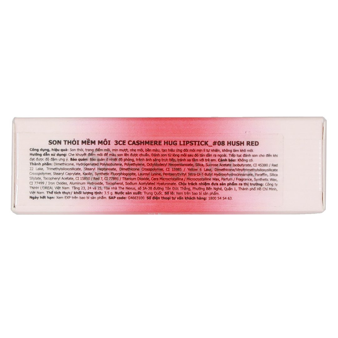 Son Thỏi 3CE Mềm Môi 08 Hush Red - Đỏ Mâm Xôi 3.5g