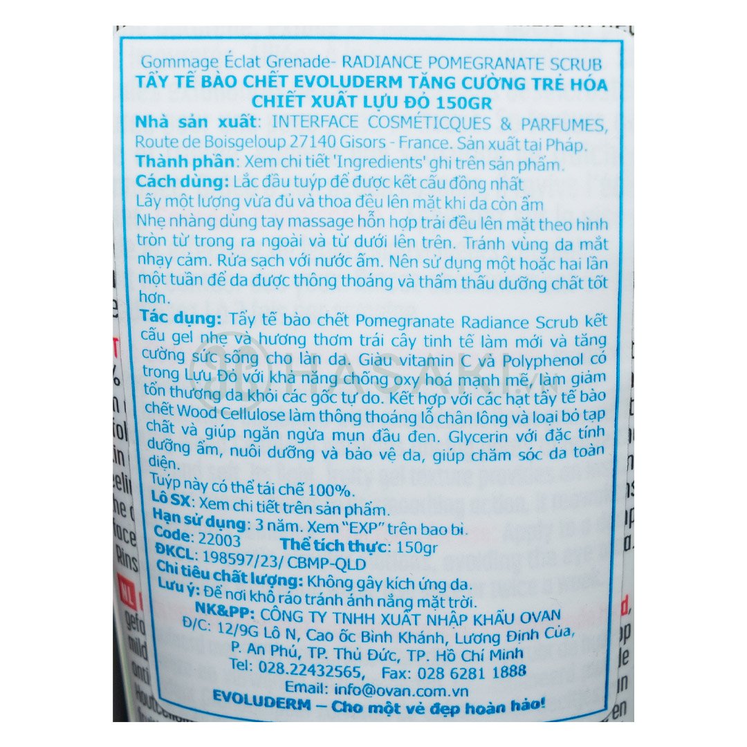 Tẩy Tế Bào Chết Evoluderm Trẻ Hóa Da Chiết Xuất Lựu Đỏ 150g