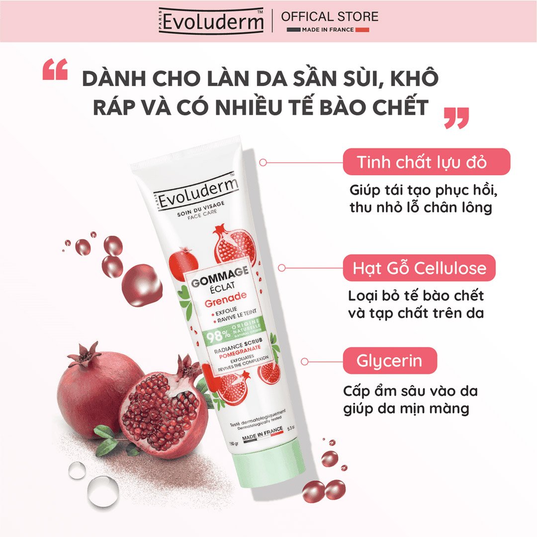 Tẩy Tế Bào Chết Evoluderm Trẻ Hóa Da Chiết Xuất Lựu Đỏ 150g