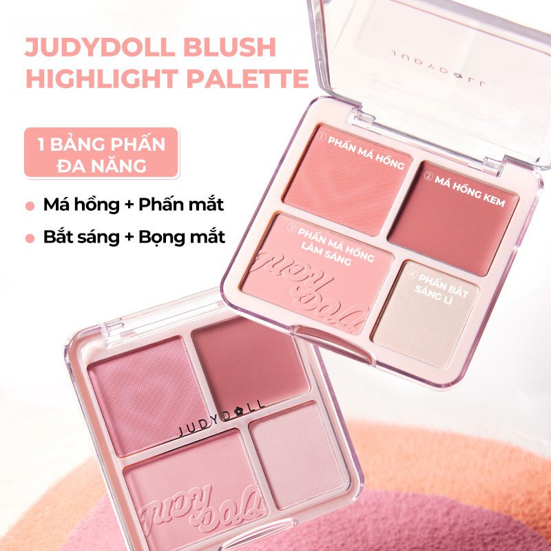 Combo Judydoll Bảng Highlight Và Tạo Khối 4 Màu - 01 Tông Lạnh 9g + Phấn Má Hồng & Bắt Sáng 4 Màu - 03 Tông Lạnh 9g