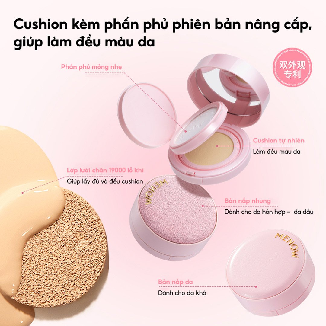 Cushion Kèm Phấn Phủ Menow Cho Da Khô Màu DN01 Medium 17g
